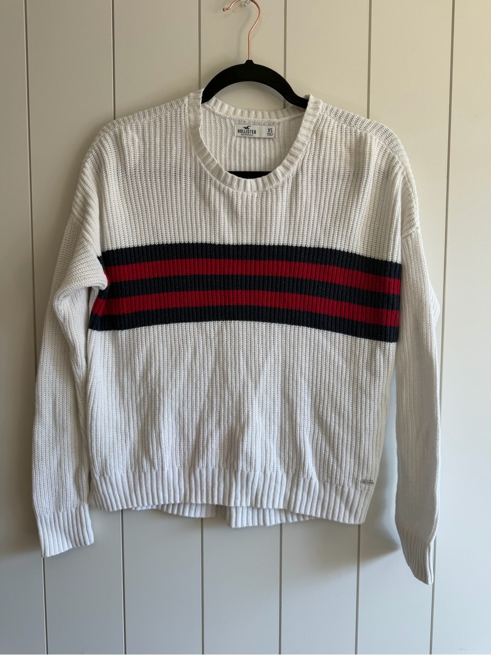 Hollister White Crewneck Sweater with Navy and Red Stripes